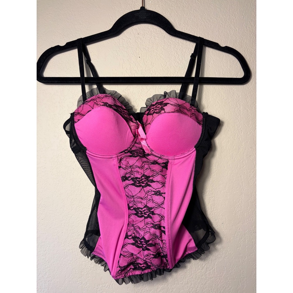 Per Lei Hot Pink Black Lace Corset Bodysuit Lingerie Size M Goth Y2K